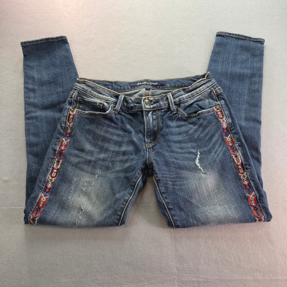 Driftwood Embroidered Side Tape Skinny Jeans Medium Wash Distressed Size 27